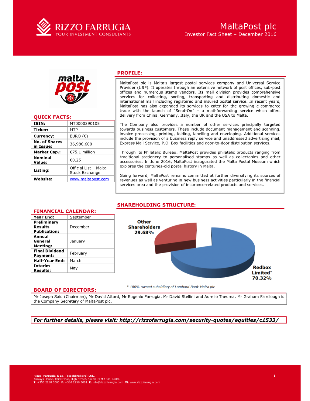 Maltapost Plc Investor Fact Sheet – December 2016