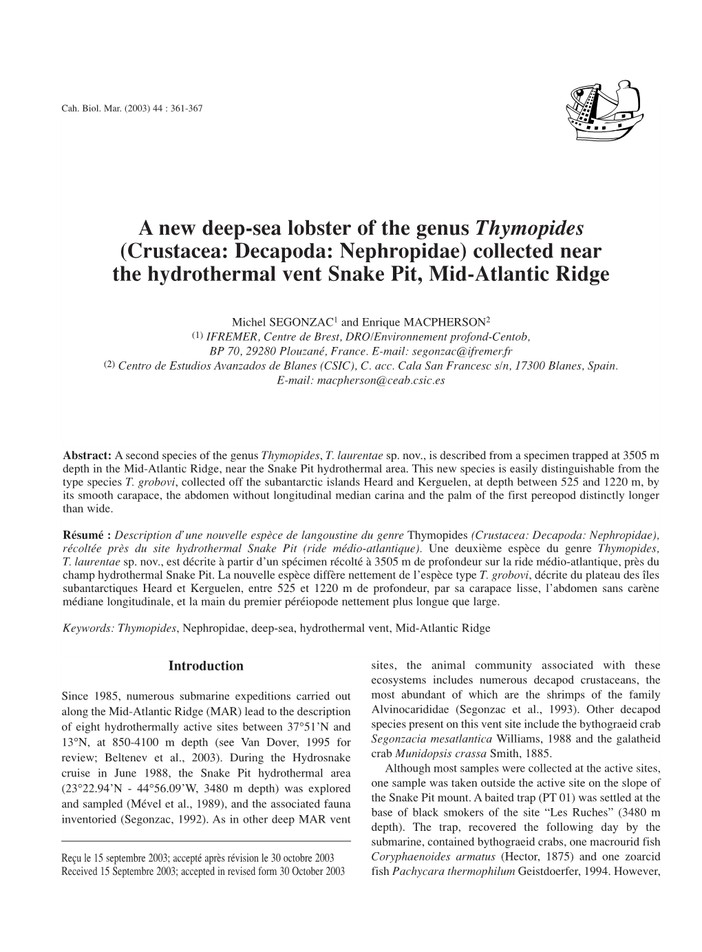 A New Deep-Sea Lobster of the Genus Thymopides (Crustacea: Decapoda: Nephropidae) Collected Near the Hydrothermal Vent Snake Pit, Mid-Atlantic Ridge