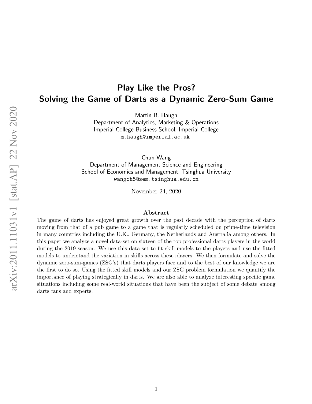 Play Like the Pros? Solving the Game of Darts As a Dynamic Zero-Sum Game