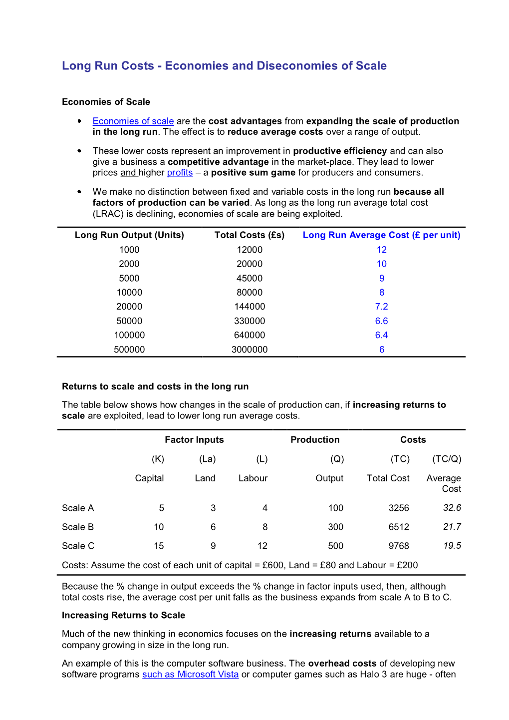 Long Run Costs - Economies and Diseconomies of Scale