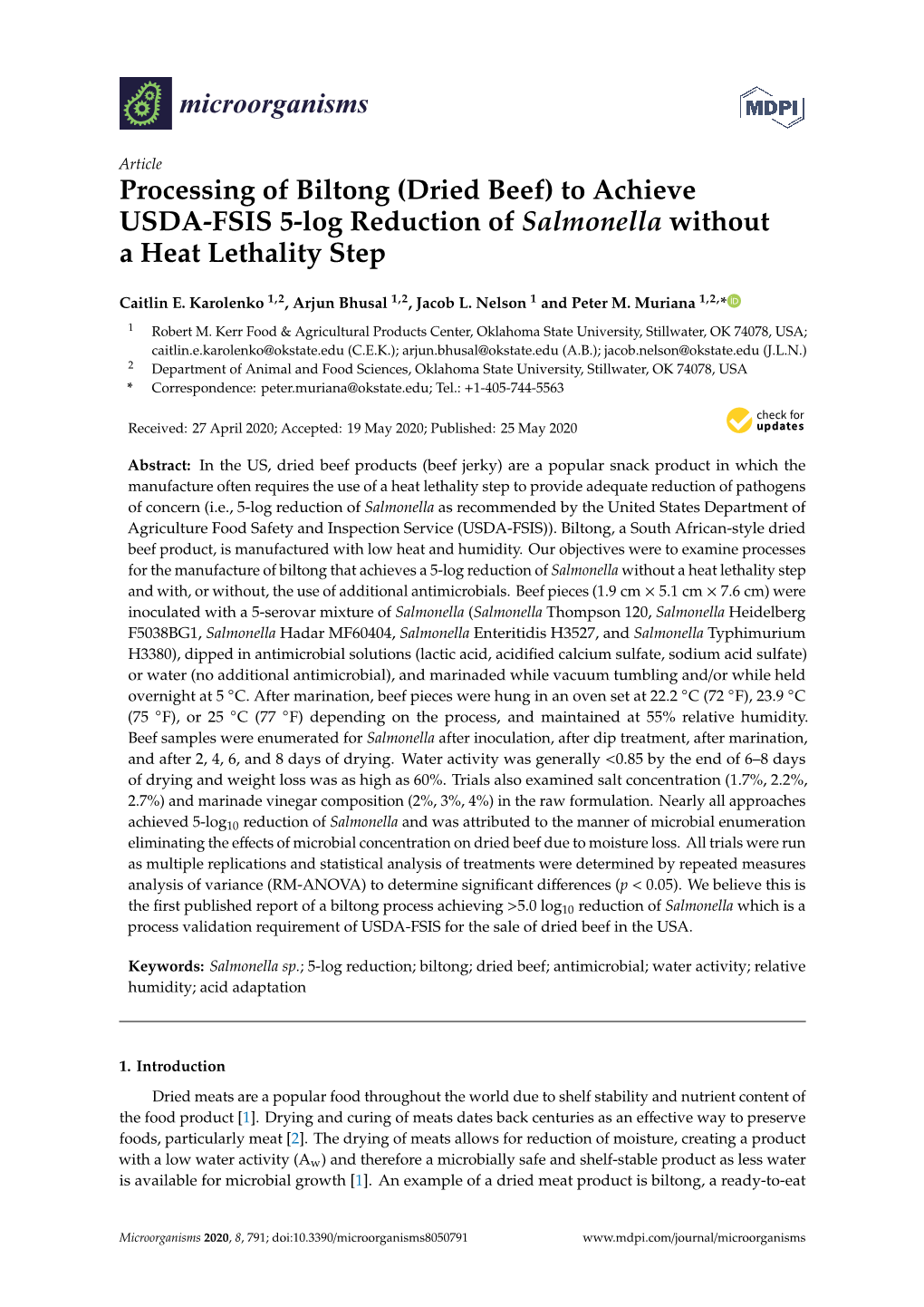 Processing of Biltong (Dried Beef) to Achieve USDA-FSIS 5-Log Reduction of Salmonella Without a Heat Lethality Step