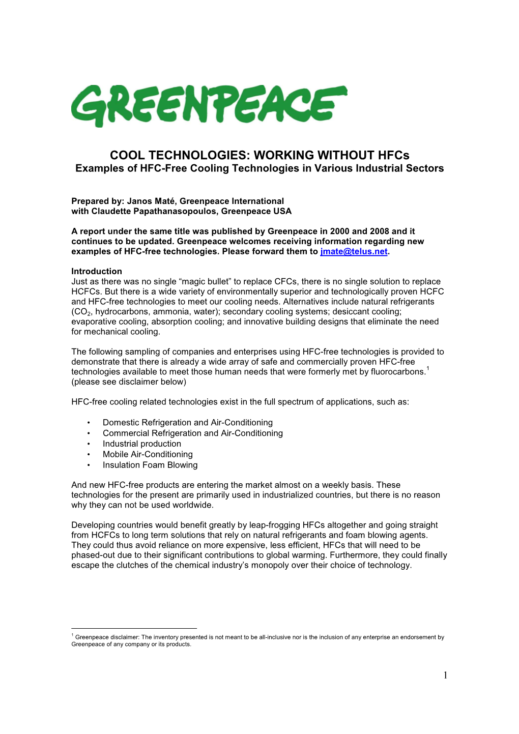 Greenpeace Cool Technologies Report 2009