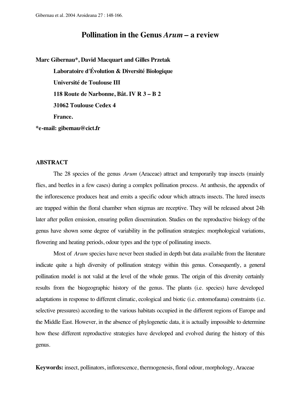 Pollination in the Genus Arum – a Review