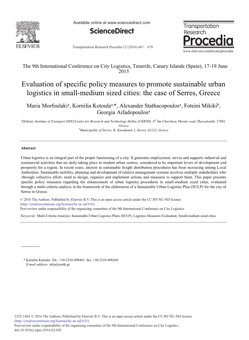 Evaluation of Specific Policy Measures to Promote Sustainable Urban Logistics in Small-Medium Sized Cities: the Case of Serres, Greece