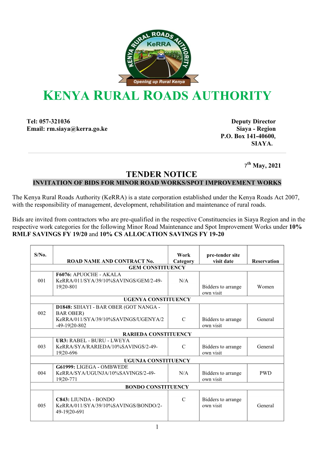 Download the Tender Documents from the Kenya Rural Roads Authority (Kerra) Website: from Wednesday 12Th May, 2021