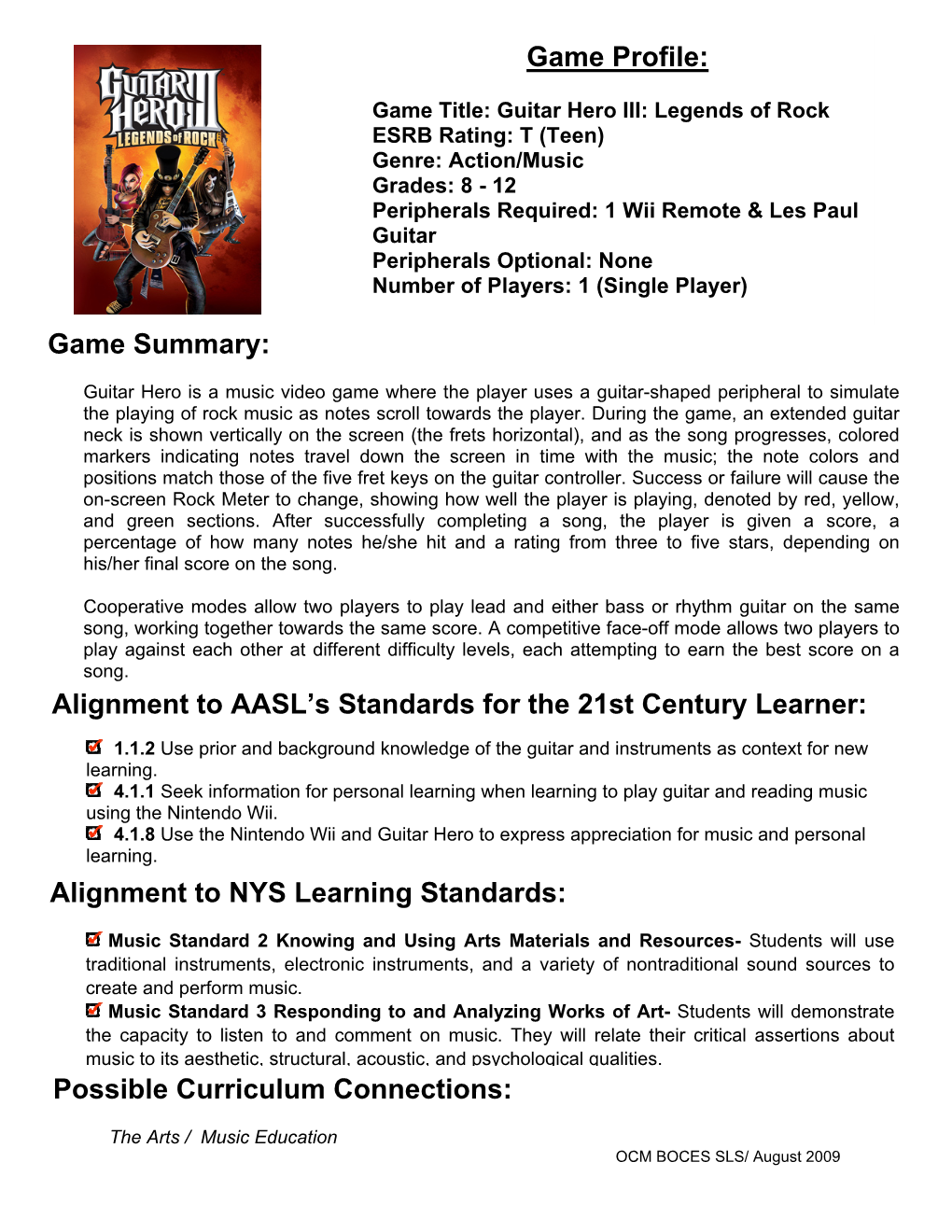 Alignment to NYS Learning Standards: Possible Curri