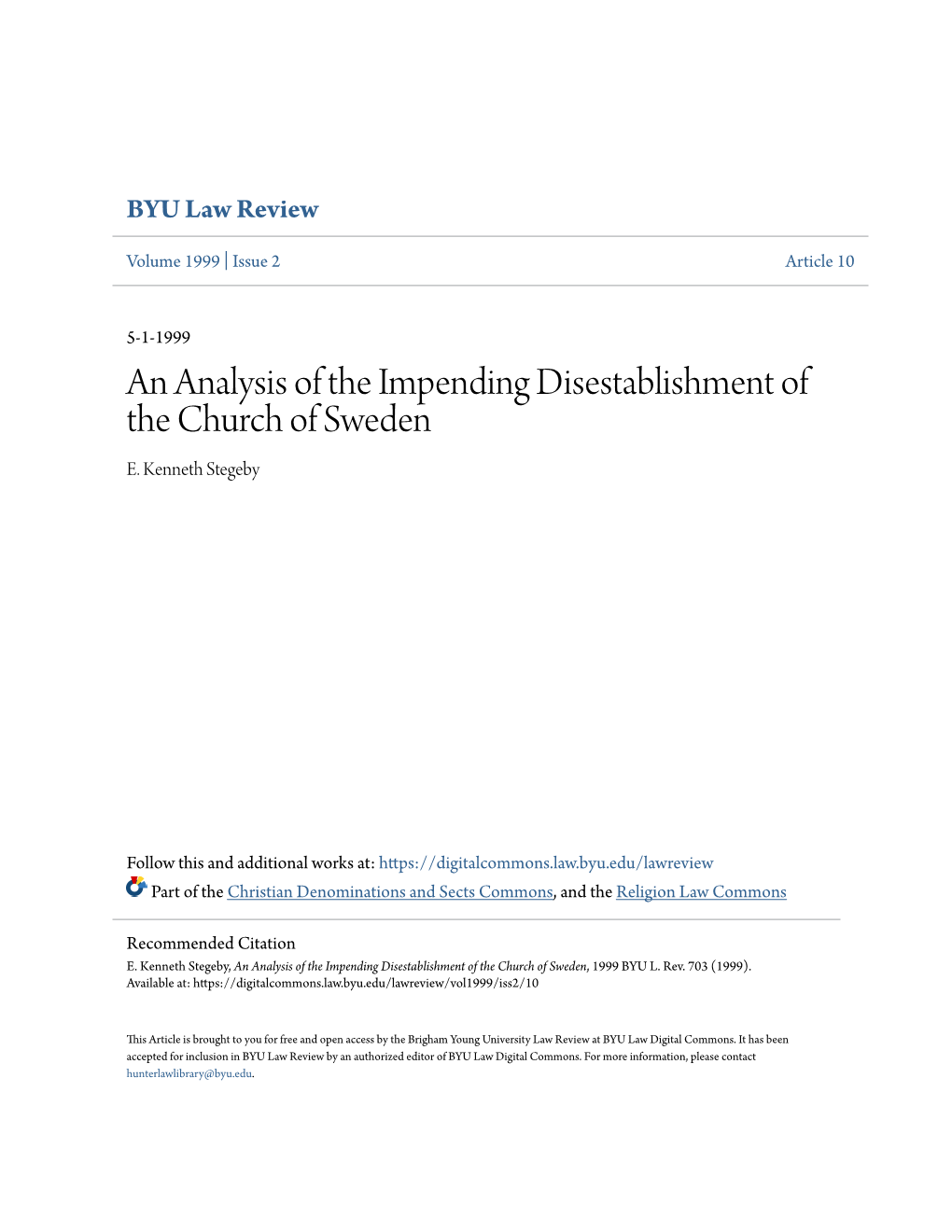 An Analysis of the Impending Disestablishment of the Church of Sweden E