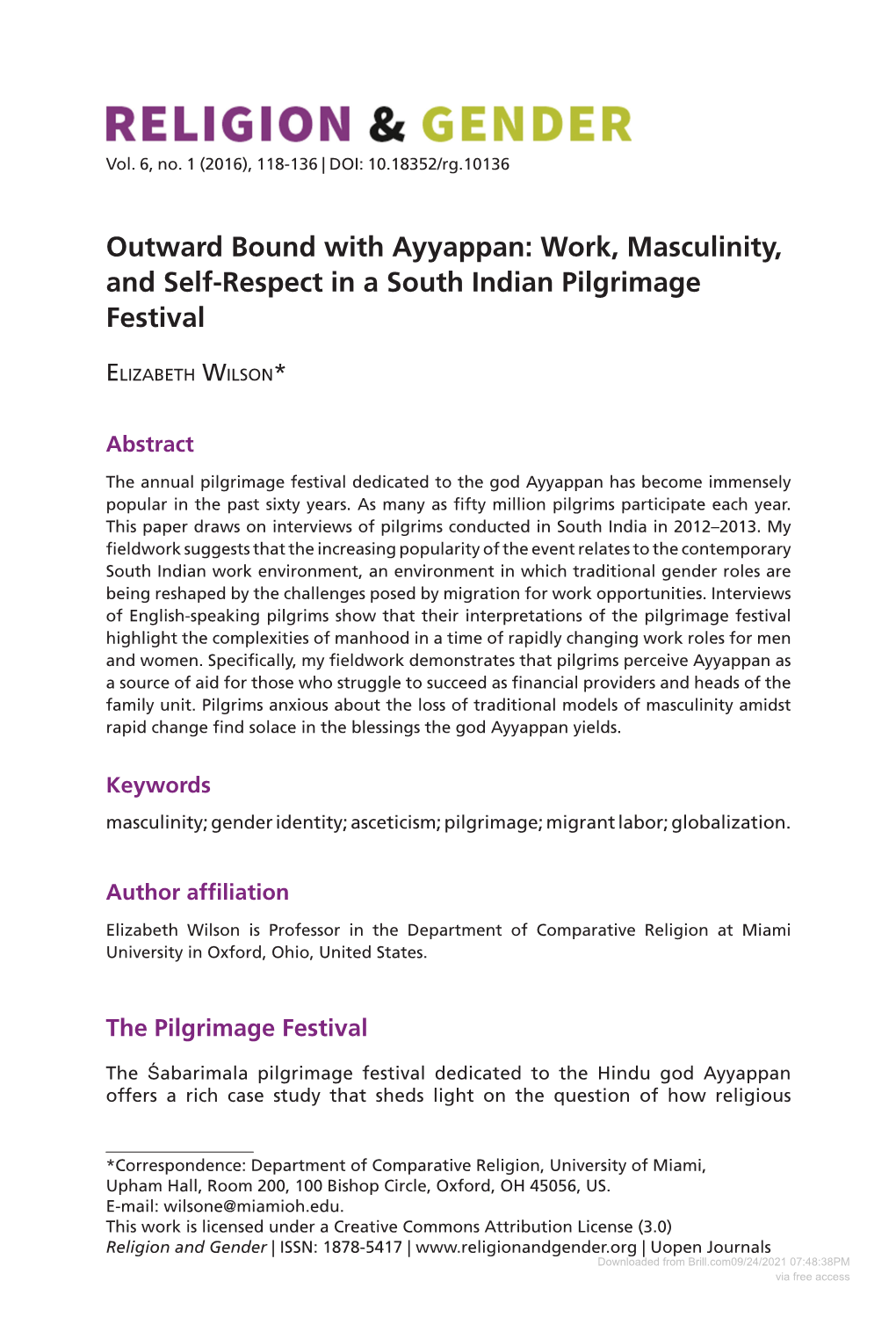 Outward Bound with Ayyappan: Work, Masculinity, and Self-Respect in a South Indian Pilgrimage Festival