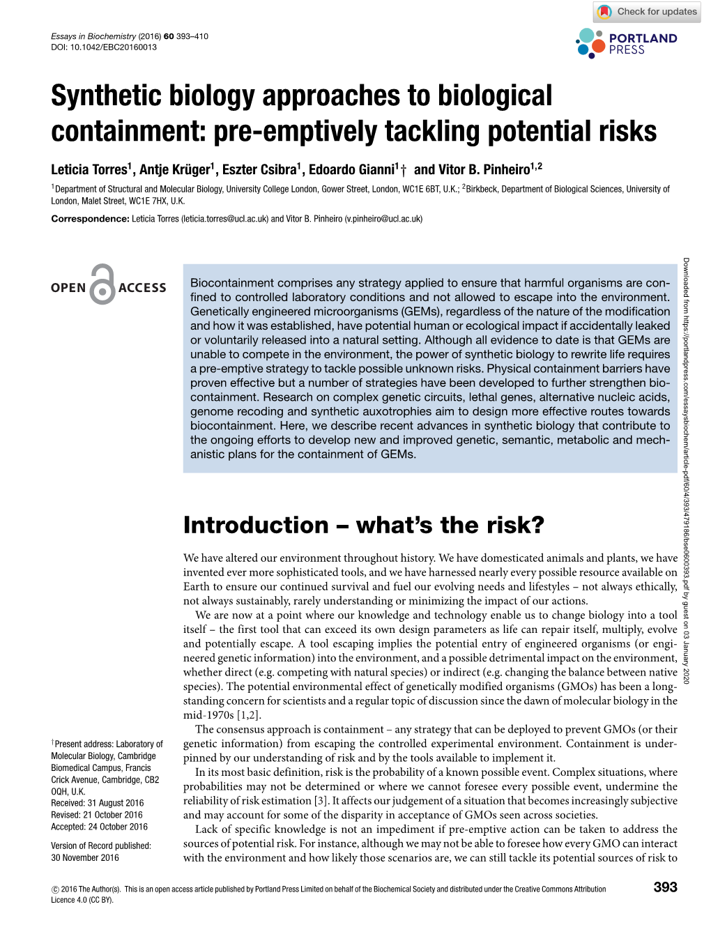 Synthetic Biology Approaches to Biological Containment: Pre-Emptively Tackling Potential Risks