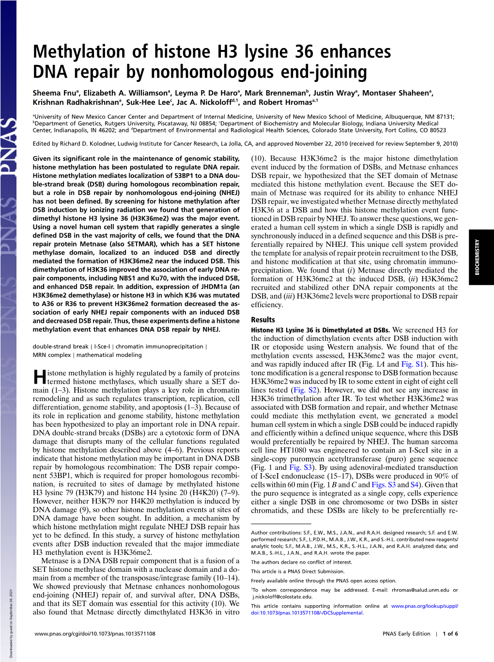 Methylation of Histone H3 Lysine 36 Enhances DNA Repair by Nonhomologous End-Joining