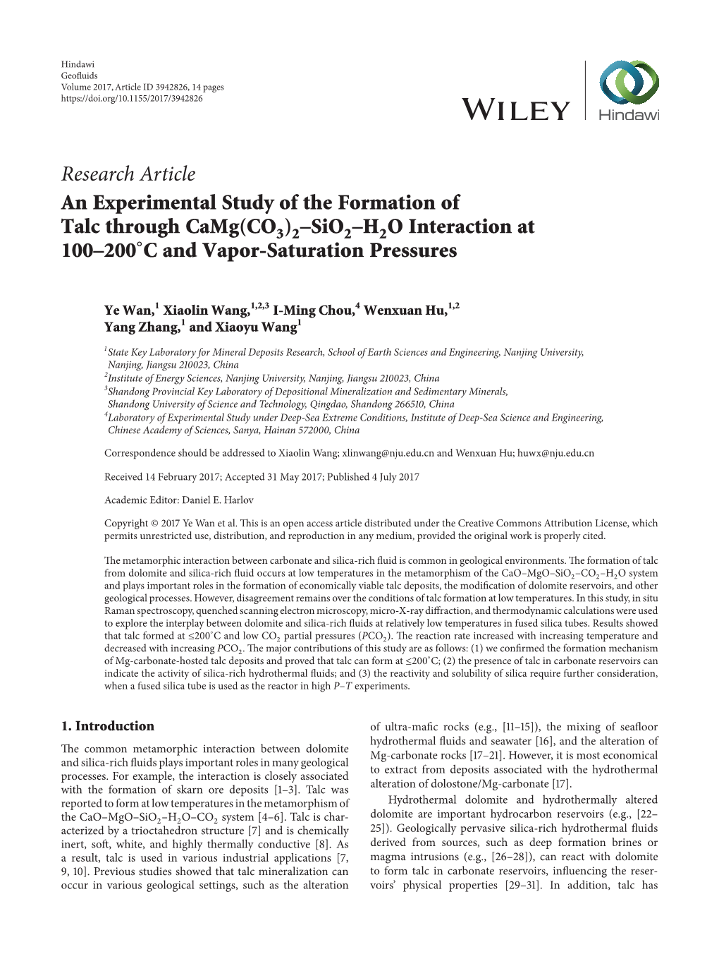 Research Article an Experimental Study of the Formation of Talc Through Camg(CO ) –Sio –H O Interaction at ∘ 3 2 2 2 100–200 C and Vapor-Saturation Pressures