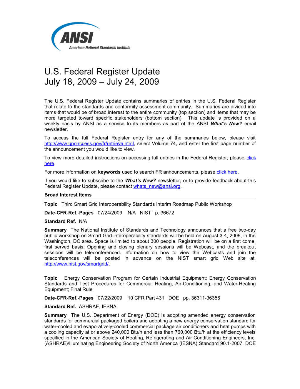 Standards and Trade Related Notices from the U.S. Federal Register, 7.24.09