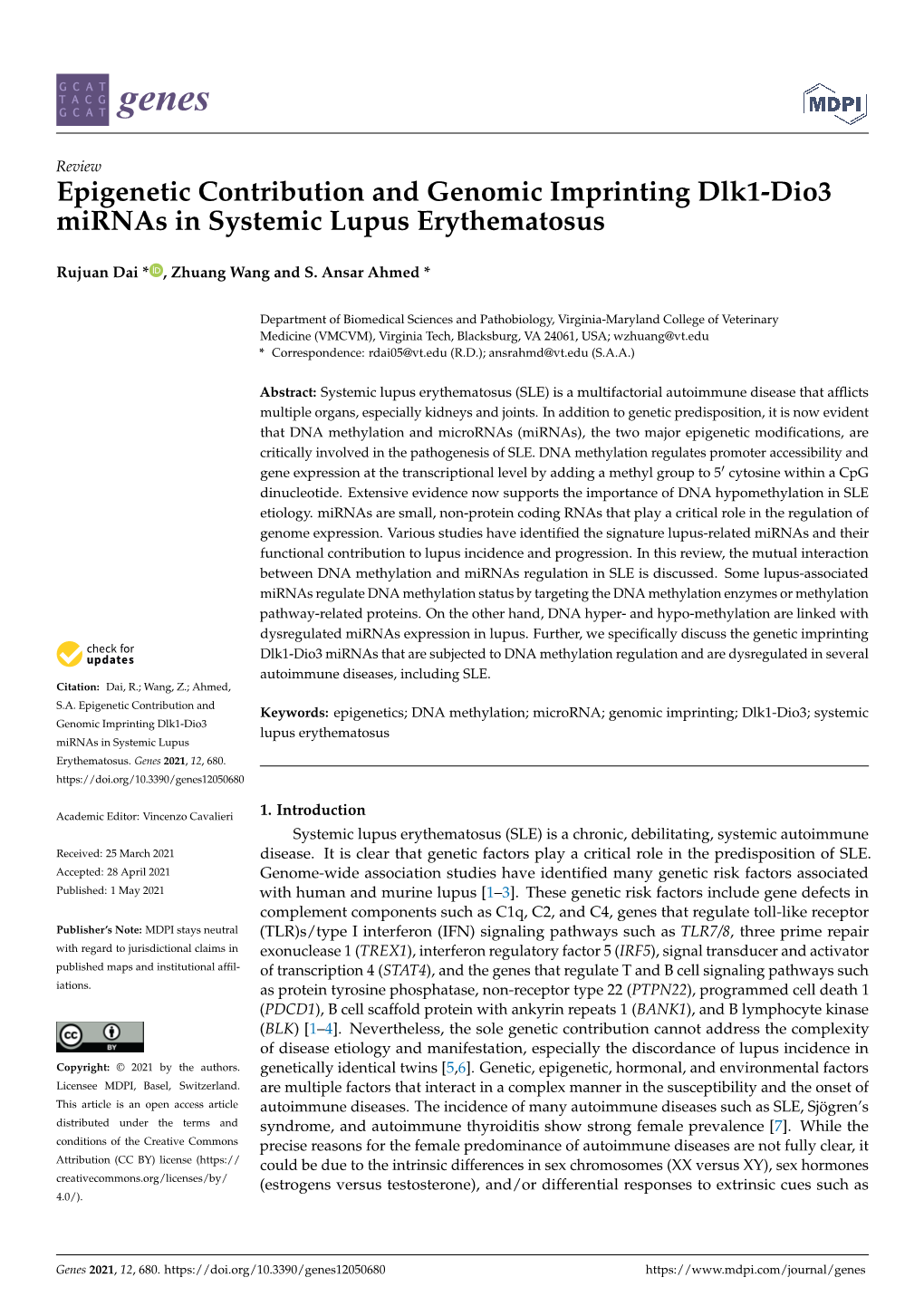 Epigenetic Contribution and Genomic Imprinting Dlk1-Dio3 Mirnas in Systemic Lupus Erythematosus