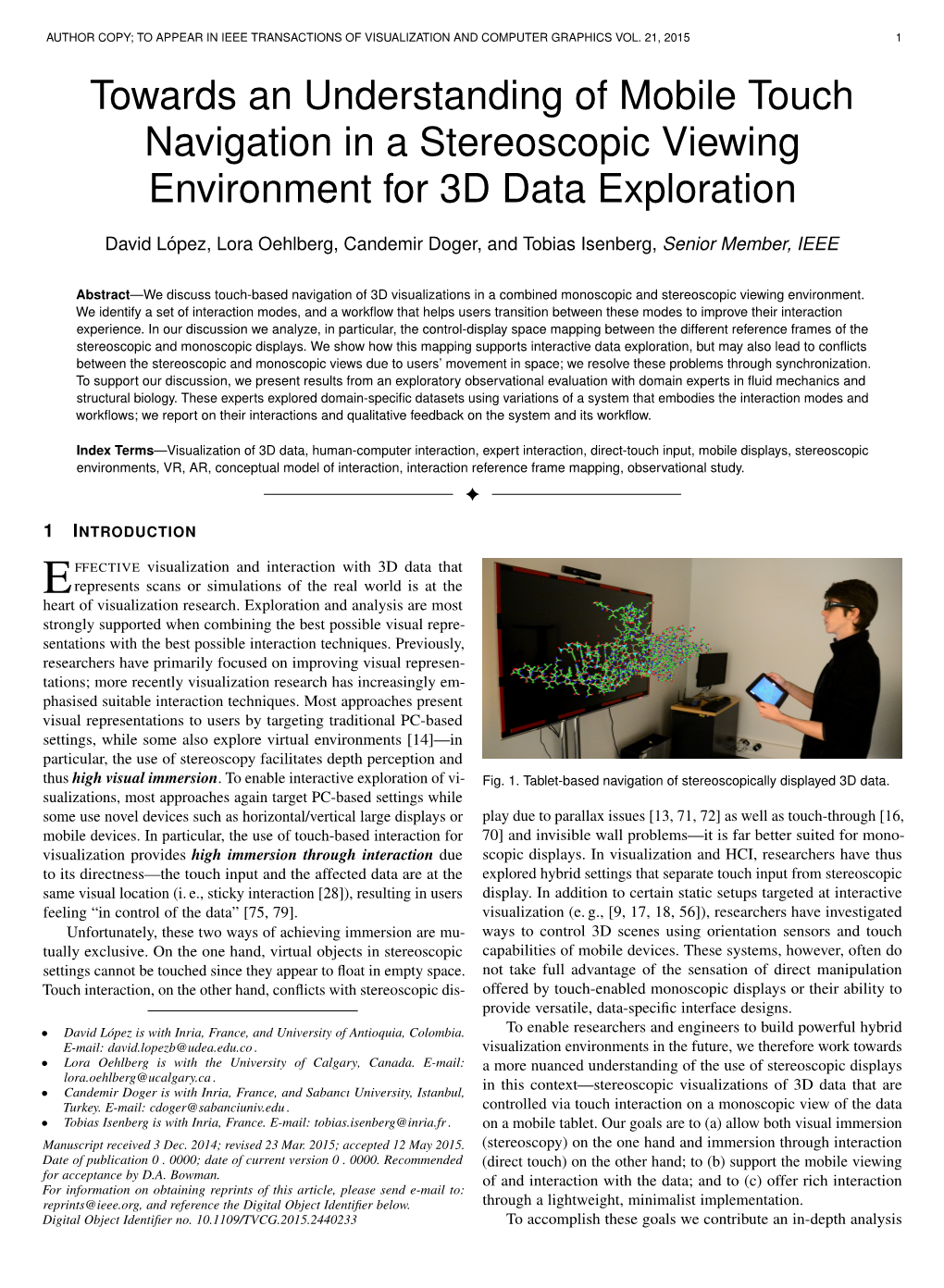 Towards an Understanding of Mobile Touch Navigation in a Stereoscopic Viewing Environment for 3D Data Exploration