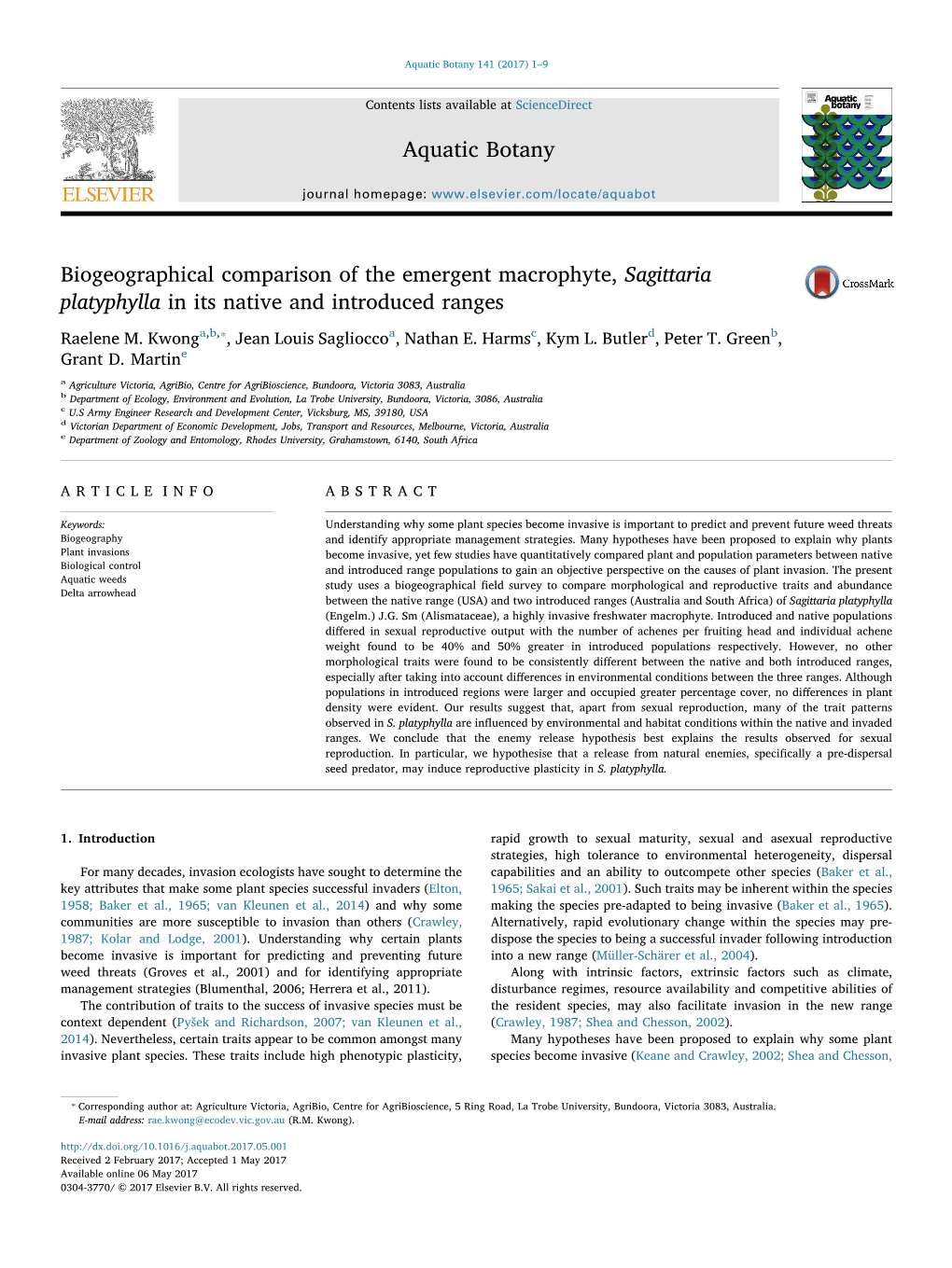 Biogeographical Comparison of the Emergent Macrophyte, Sagittaria MARK Platyphylla in Its Native and Introduced Ranges ⁎ Raelene M