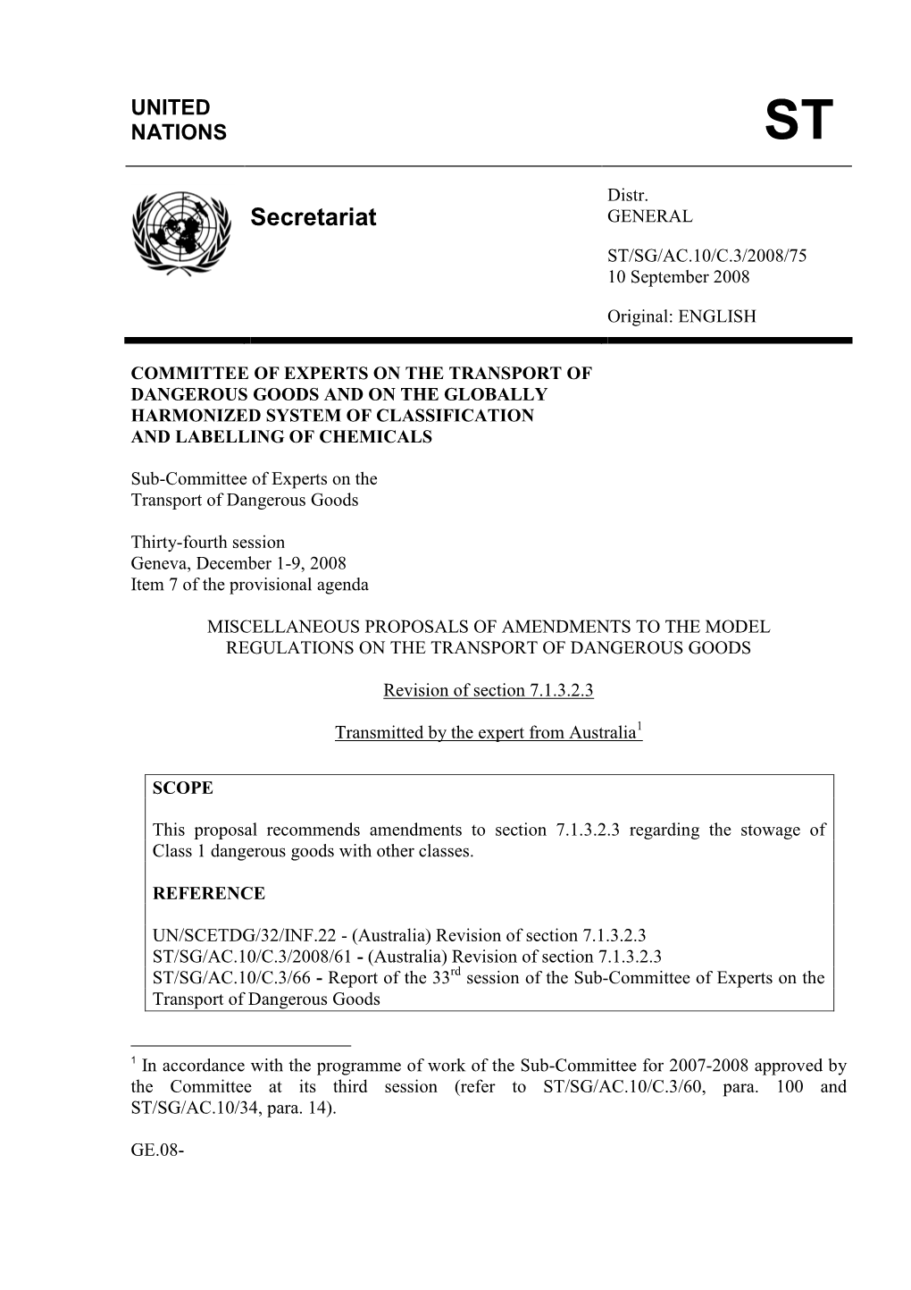 Secretariat GENERAL ST/SG/AC.10/C.3/2008/75 10 September 2008