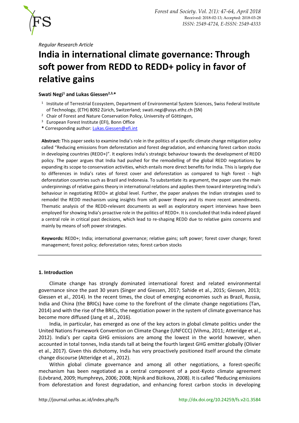 Article India in International Climate Governance: Through Soft Power from REDD to REDD+ Policy in Favor of Relative Gains