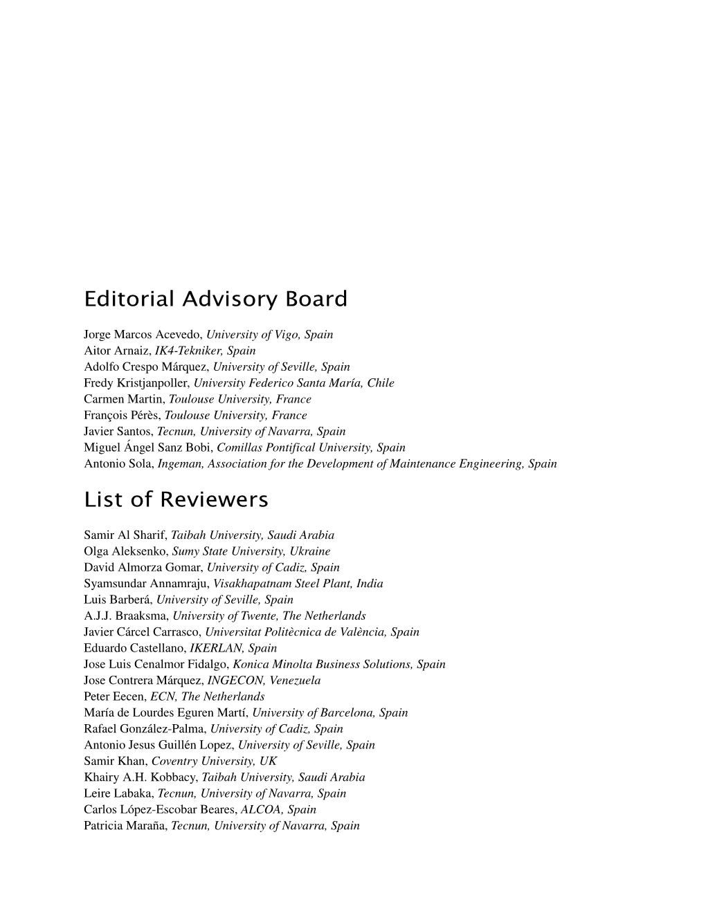 Editorial Advisory Board List of Reviewers