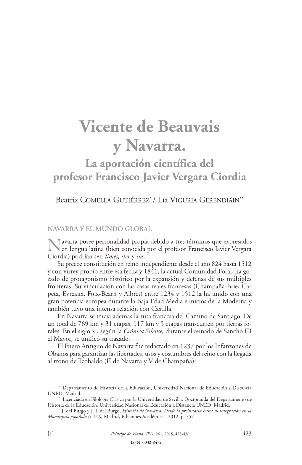 Vicente De Beauvais Y Navarra. La Aportación Científica Del Profesor Francisco Javier Vergara Ciordia