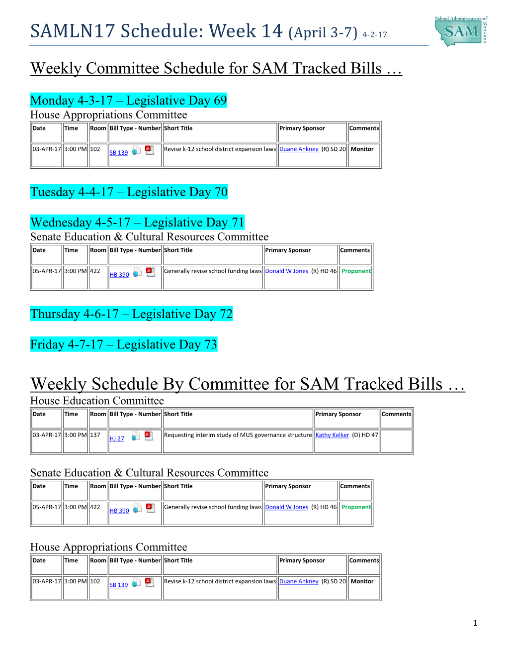 SAMLN17 Schedule: Week 14 (April 3-7) 4-2-17