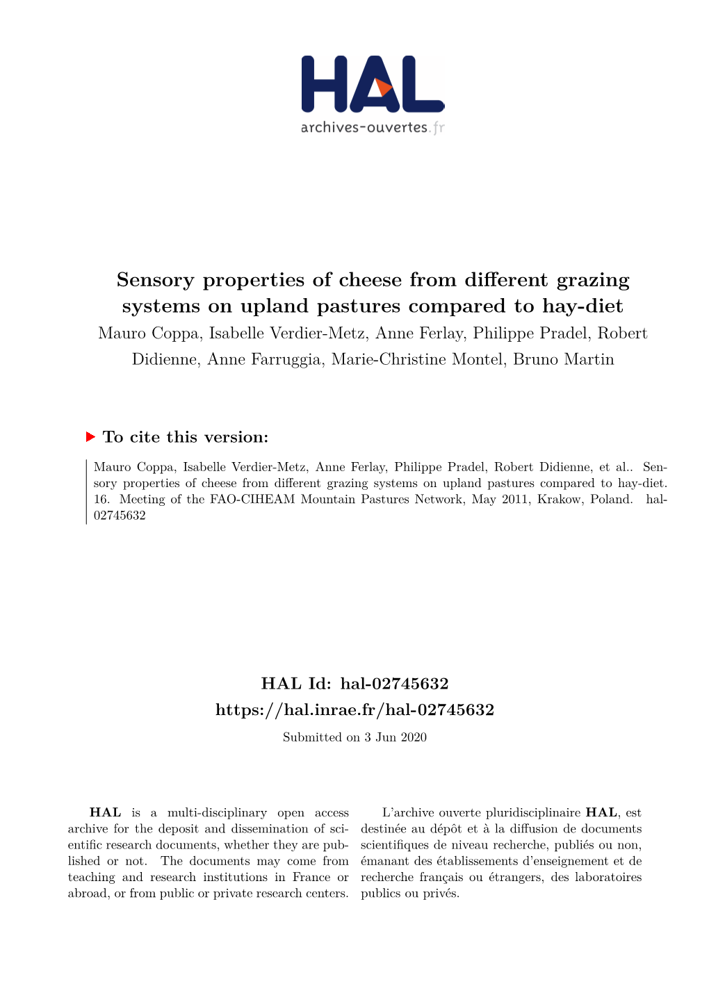 Sensory Properties of Cheese from Different Grazing Systems on Upland