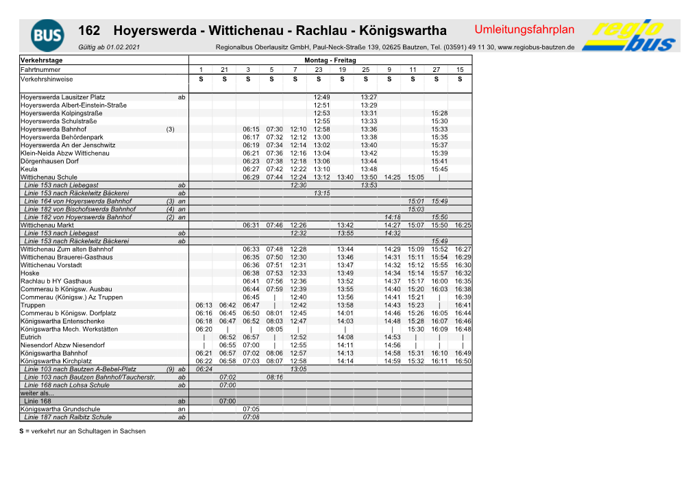 162 Hoyerswerda - Wittichenau - Rachlau - Königswartha Umleitungsfahrplan Gültig Ab 01.02.2021 Regionalbus Oberlausitz Gmbh, Paul-Neck-Straße 139, 02625 Bautzen, Tel