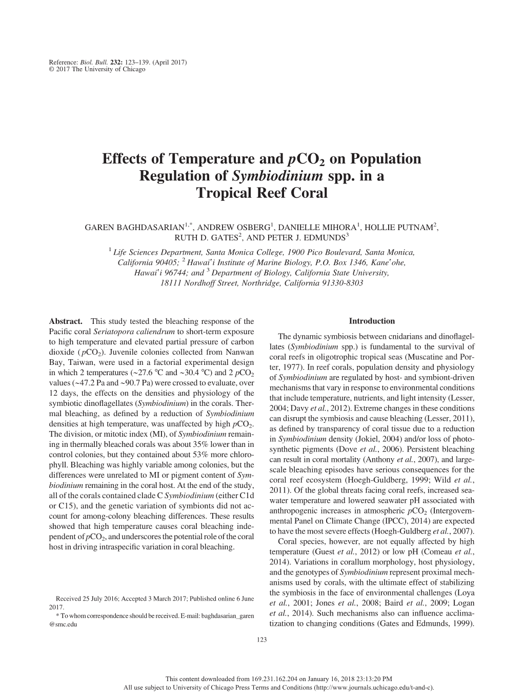 Effects of Temperature and Pco2 on Population Regulation of Symbiodinium Spp