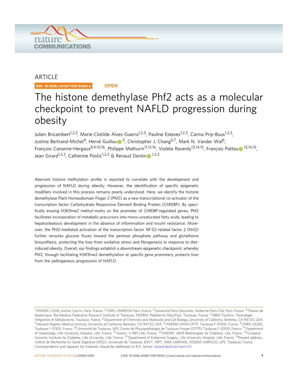 The Histone Demethylase Phf2 Acts As a Molecular Checkpoint to Prevent NAFLD Progression During Obesity