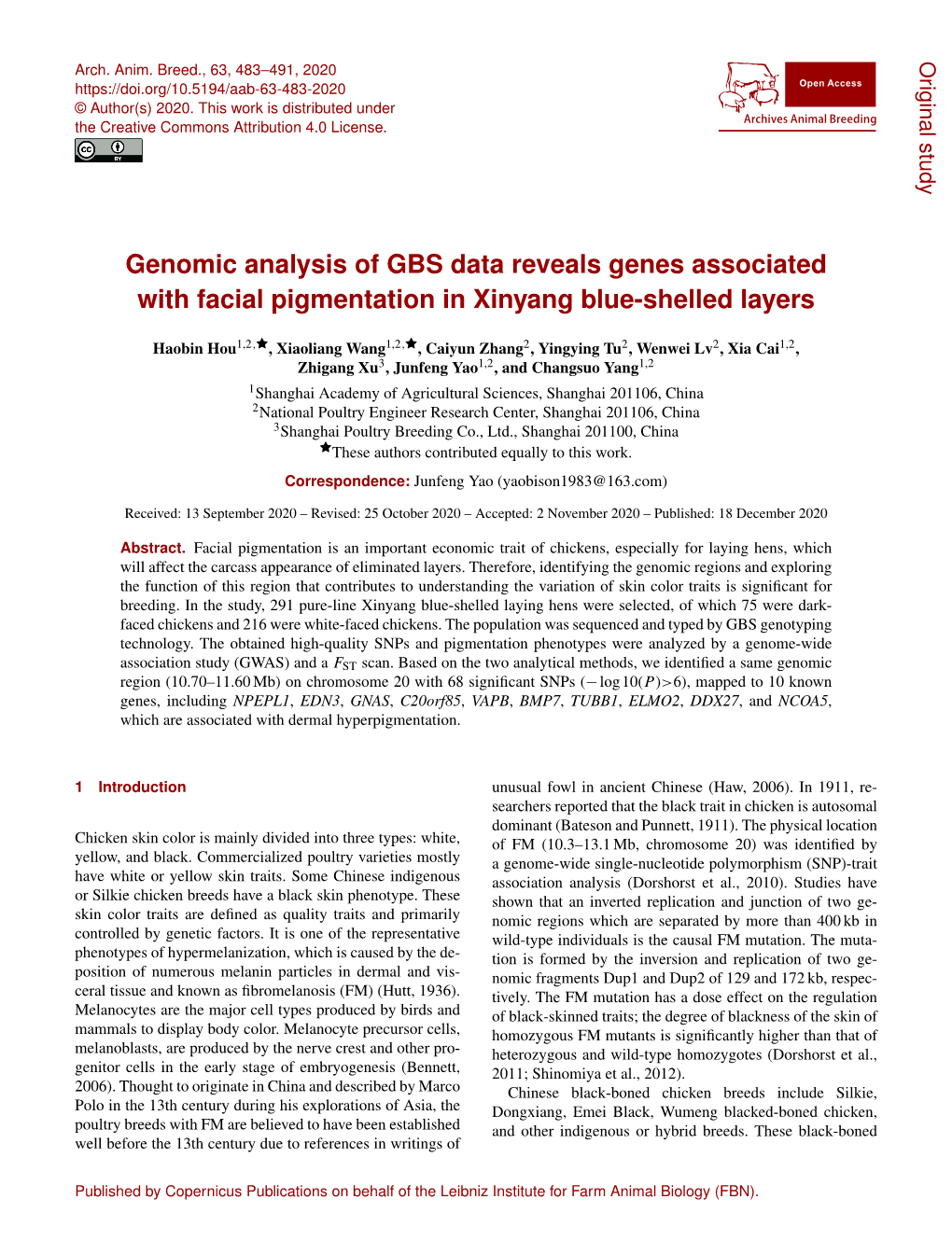 Genomic Analysis of GBS Data Reveals Genes Associated with Facial Pigmentation in Xinyang Blue-Shelled Layers