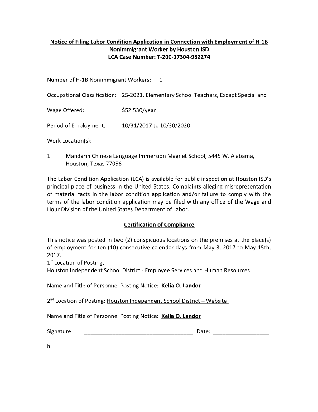 Notice of Filing Labor Condition Application in Connection with Employment of H-1B Nonimmigrant