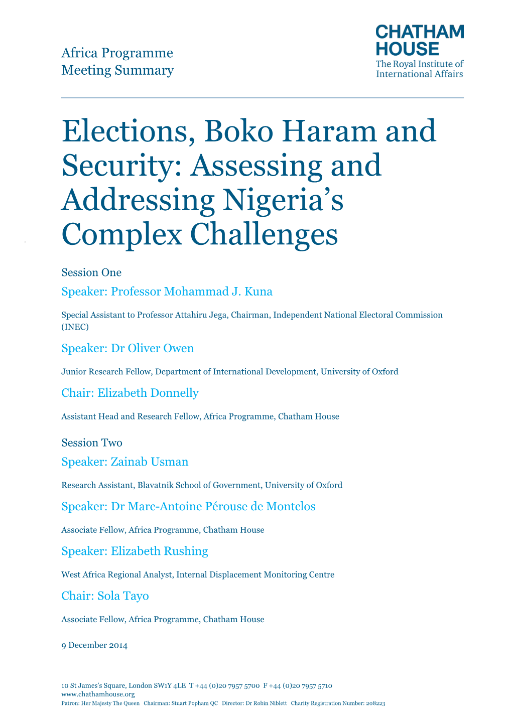 Elections, Boko Haram and Security: Assessing and Addressing Nigeria’S Complex Challenges