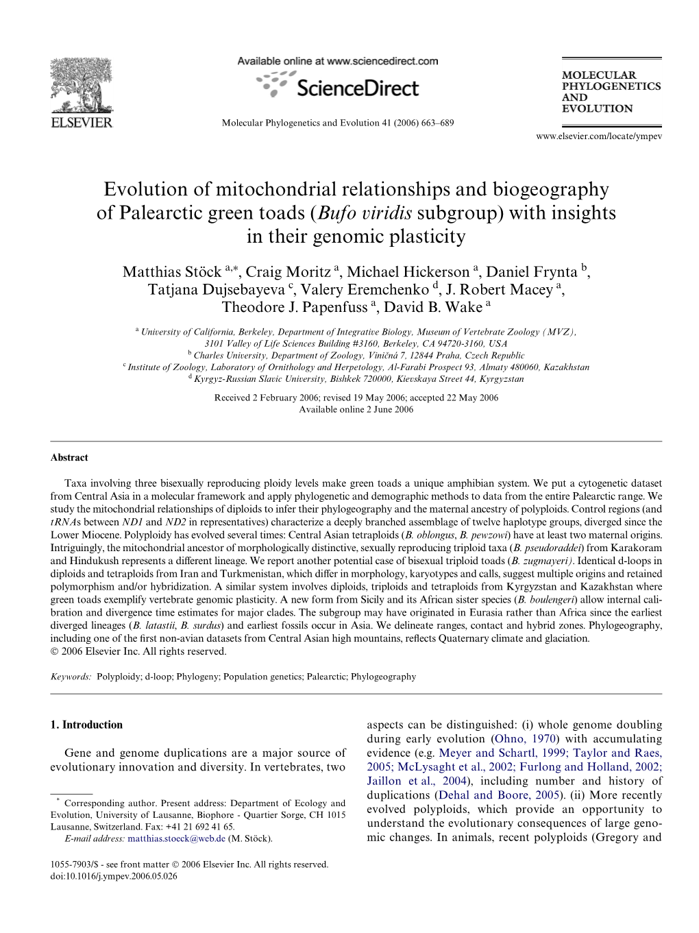 Evolution of Mitochondrial Relationships and Biogeography of Palearctic Green Toads (Bufo Viridis Subgroup) with Insights in Their Genomic Plasticity