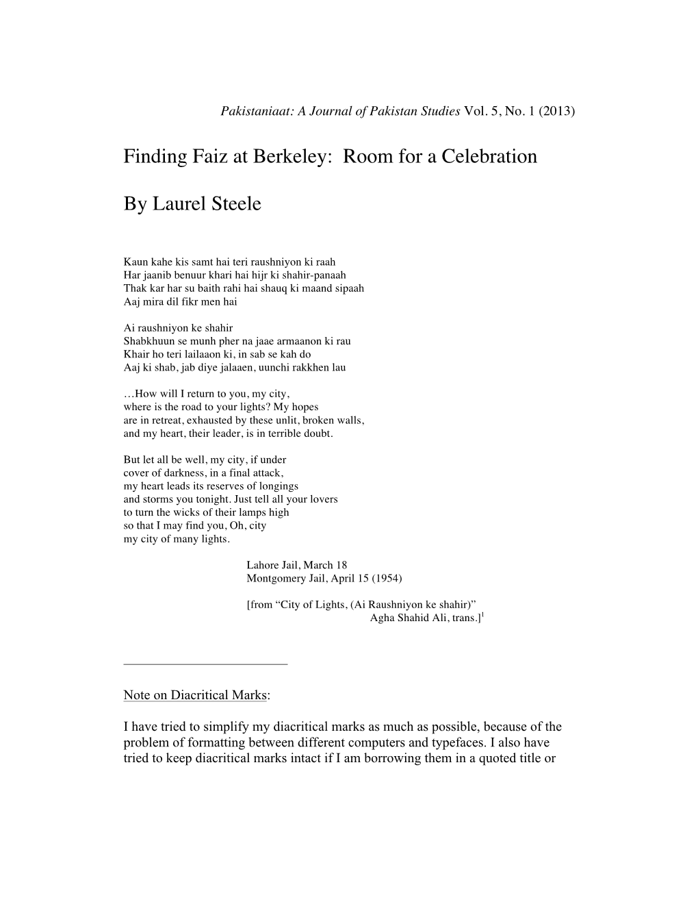 Finding Faiz at Berkeley: Room for a Celebration by Laurel Steele