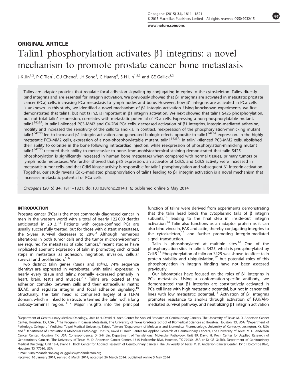 Talin1 Phosphorylation Activates Β1 Integrins: a Novel Mechanism to Promote Prostate Cancer Bone Metastasis