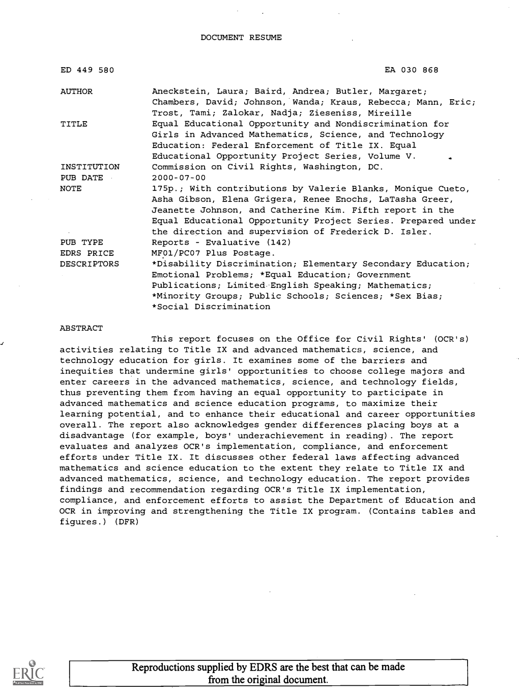 Equal Educational Opportunity and Nondiscrimination for Girls in Advanced Mathematics, Science, and Technology Education: Federal Enforcement of Title IX