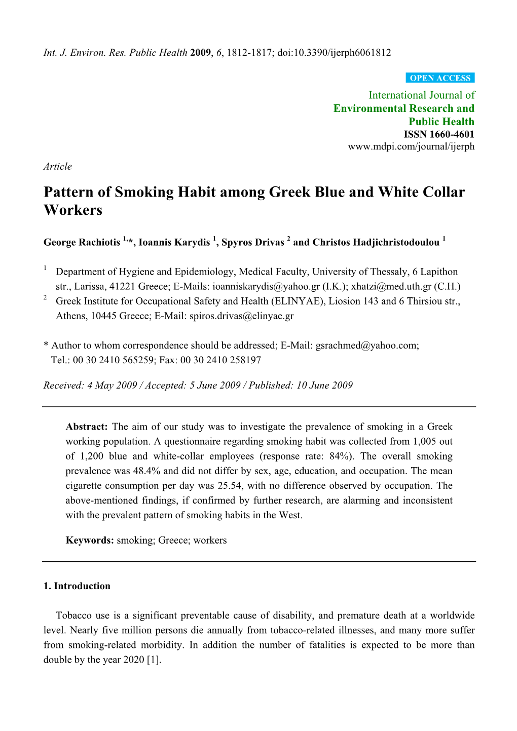 Pattern of Smoking Habit Among Greek Blue and White Collar Workers