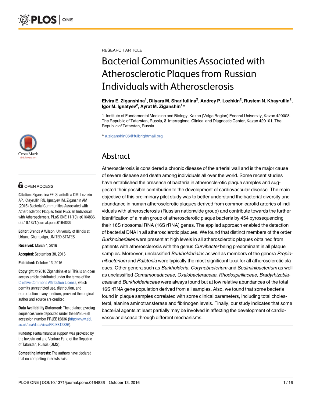 Bacterial Communities Associated with Atherosclerotic Plaques from Russian Individuals with Atherosclerosis