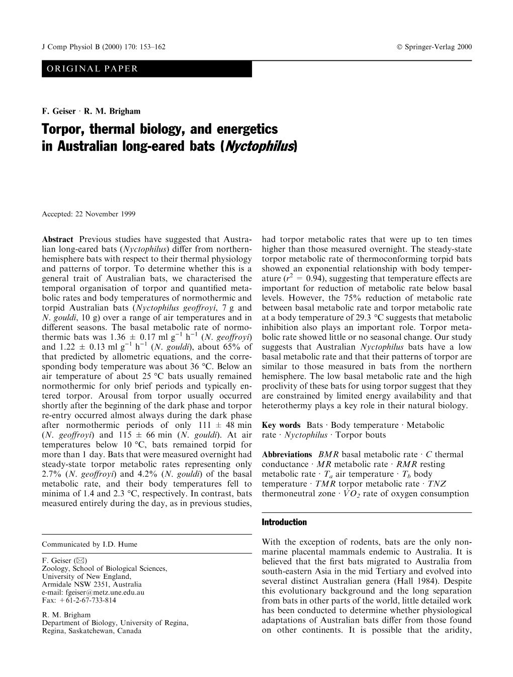 Torpor, Thermal Biology, and Energetics in Australian Long-Eared Bats (Nyctophilus)