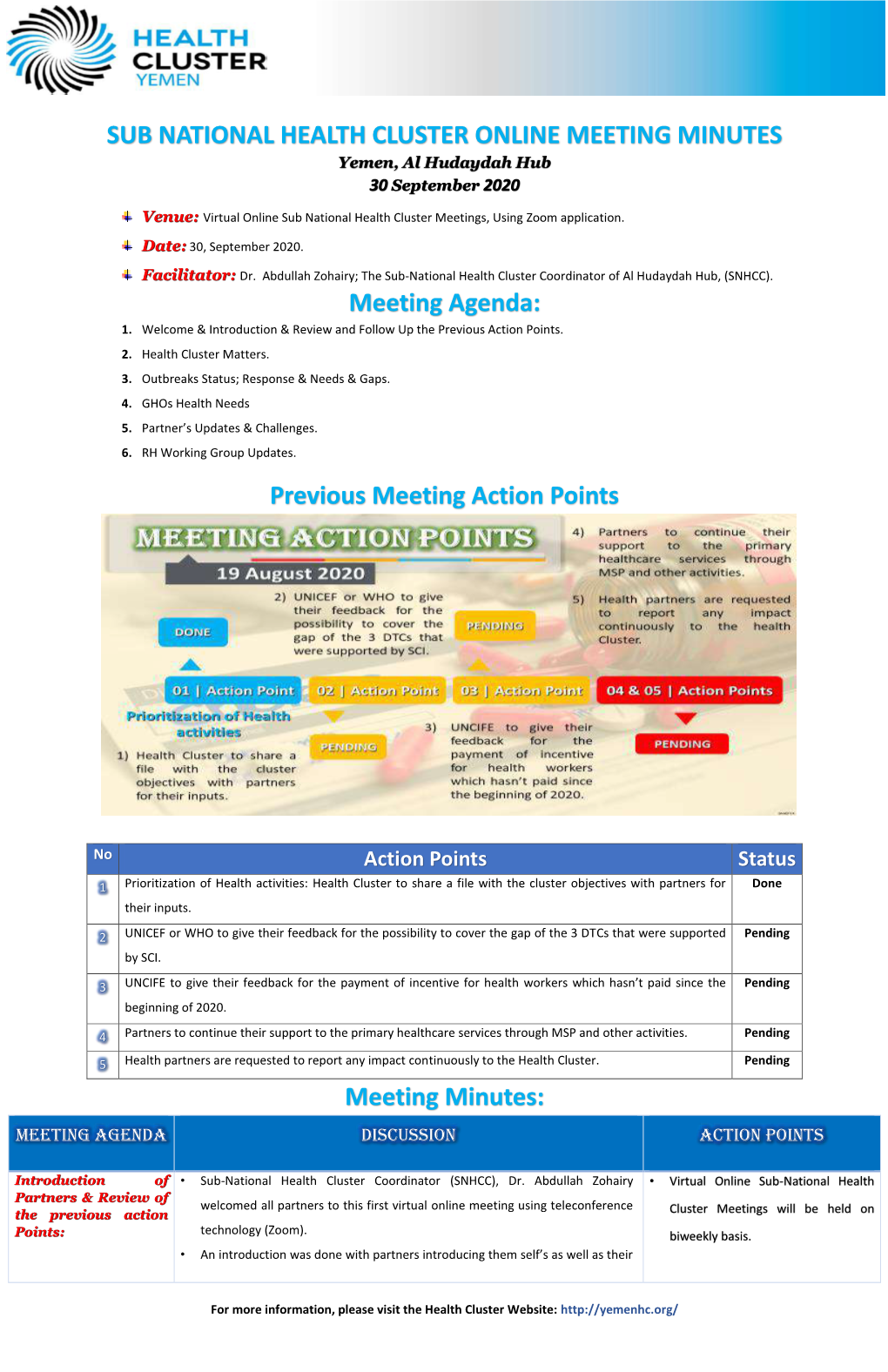 SUB NATIONAL HEALTH CLUSTER ONLINE MEETING MINUTES Meeting Agenda