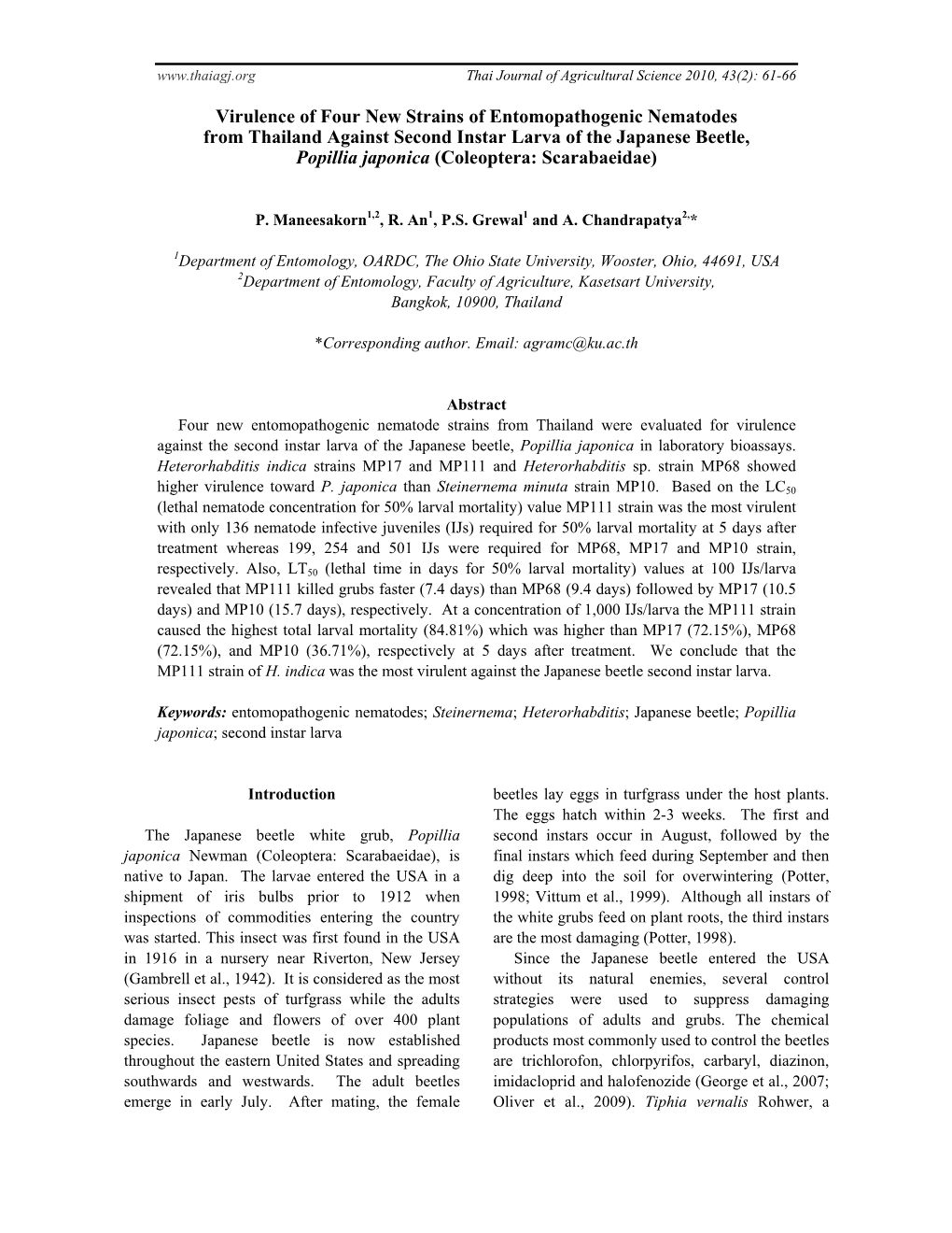 Virulence of Four New Strains of Entomopathogenic Nematodes