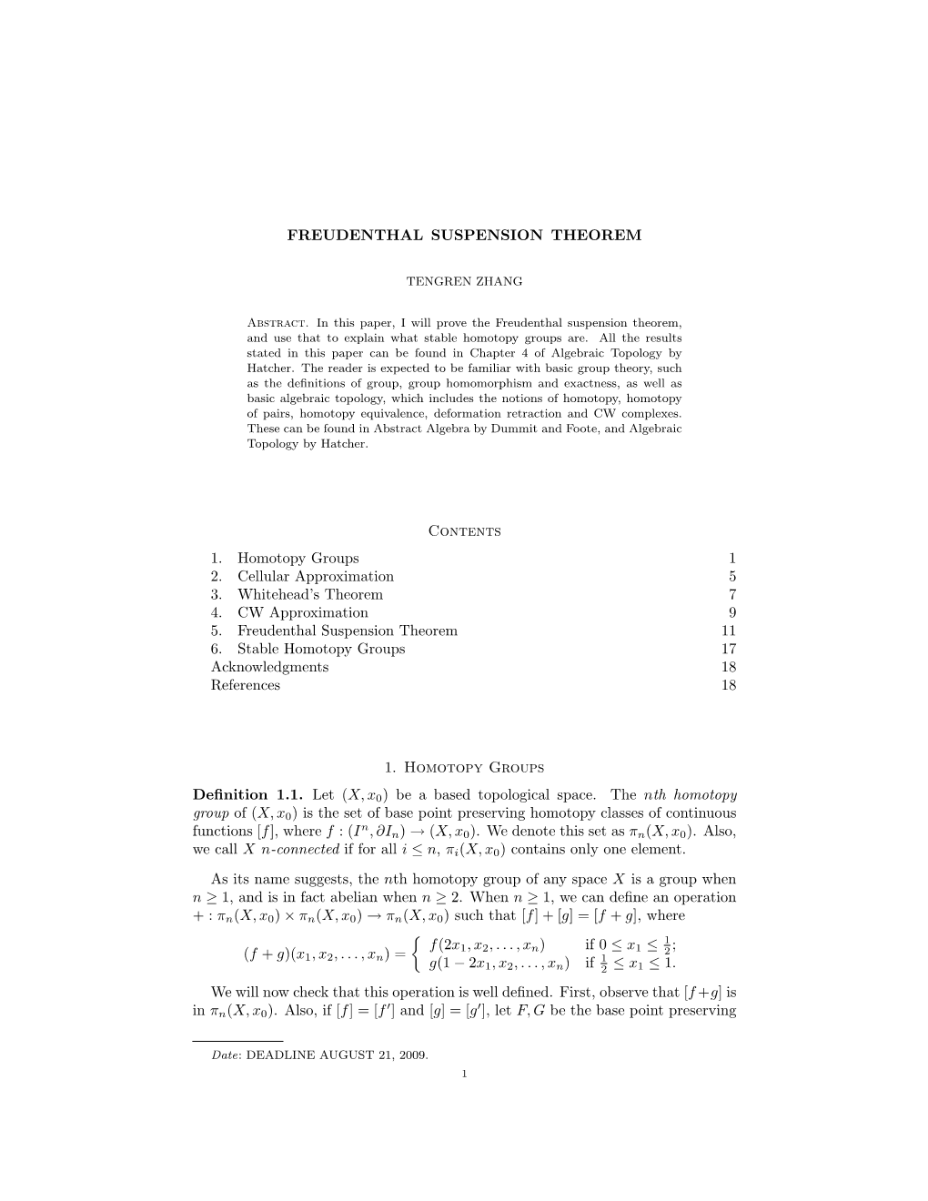 FREUDENTHAL SUSPENSION THEOREM Contents 1. Homotopy