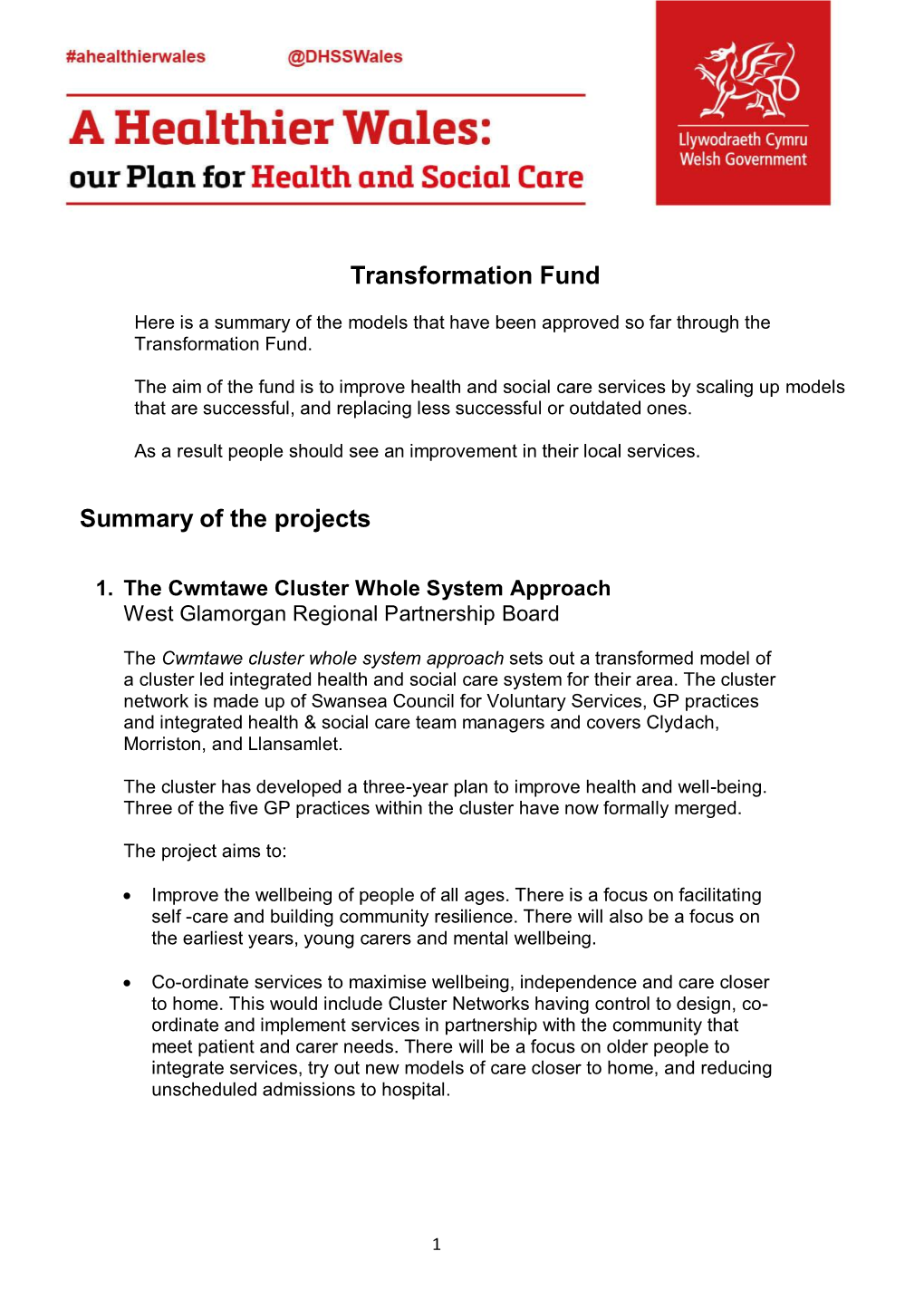 Transformation Fund Summary of the Projects