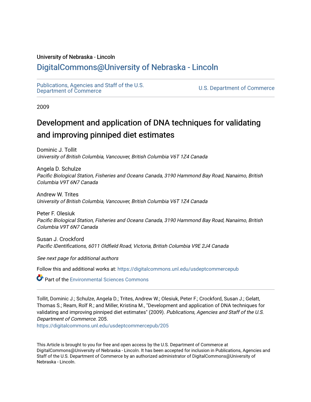 Development and Application of DNA Techniques for Validating and Improving Pinniped Diet Estimates