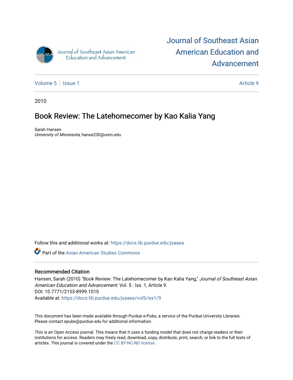 The Latehomecomer by Kao Kalia Yang