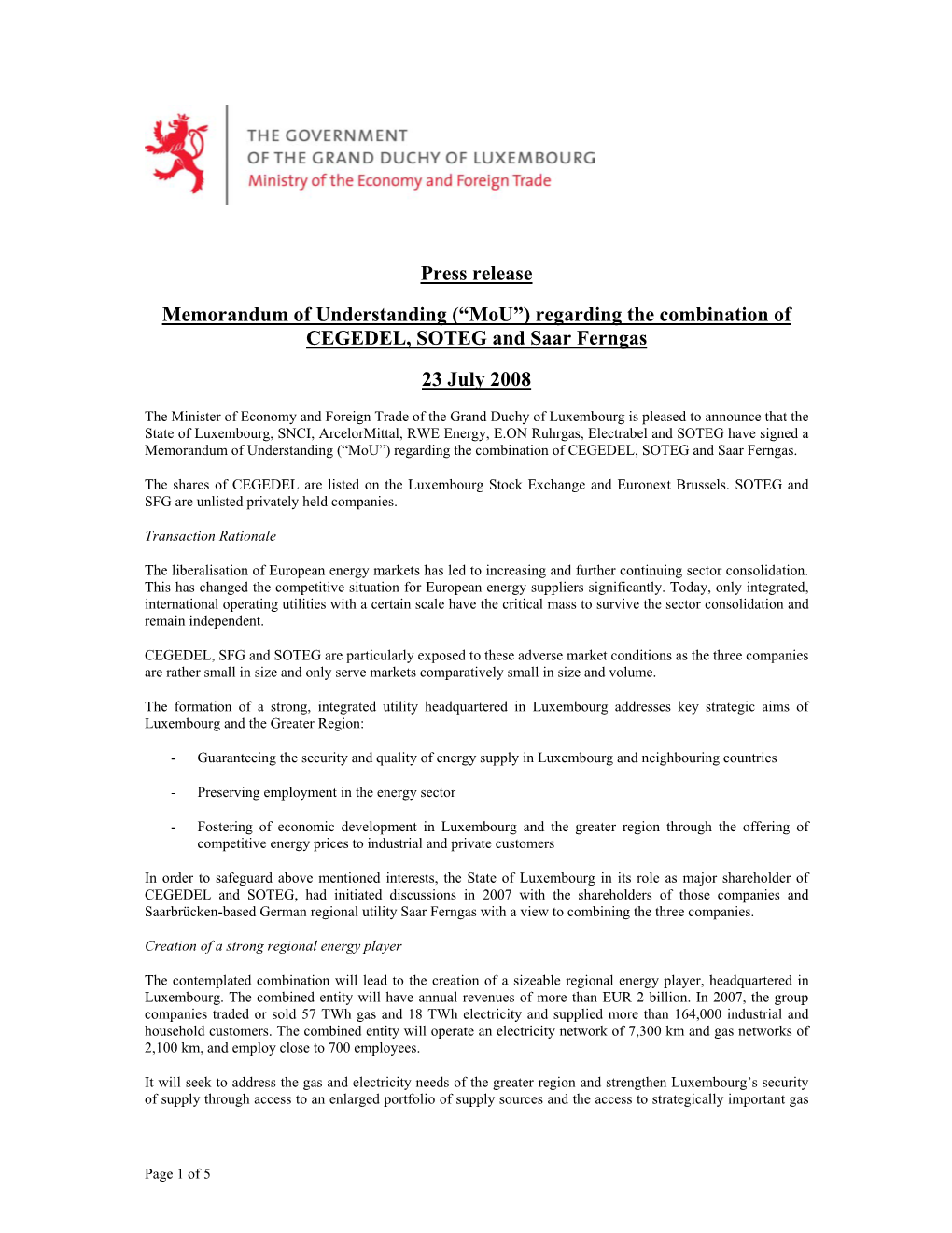 Press Release Memorandum of Understanding (“Mou”) Regarding