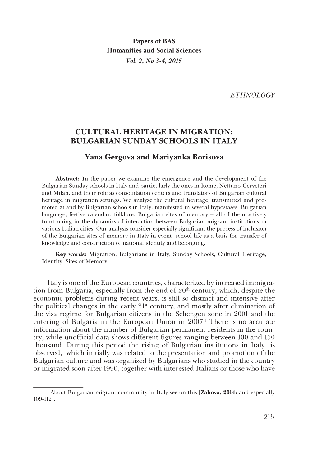 Cultural Heritage in Migration: Bulgarian Sunday Schools in Italy