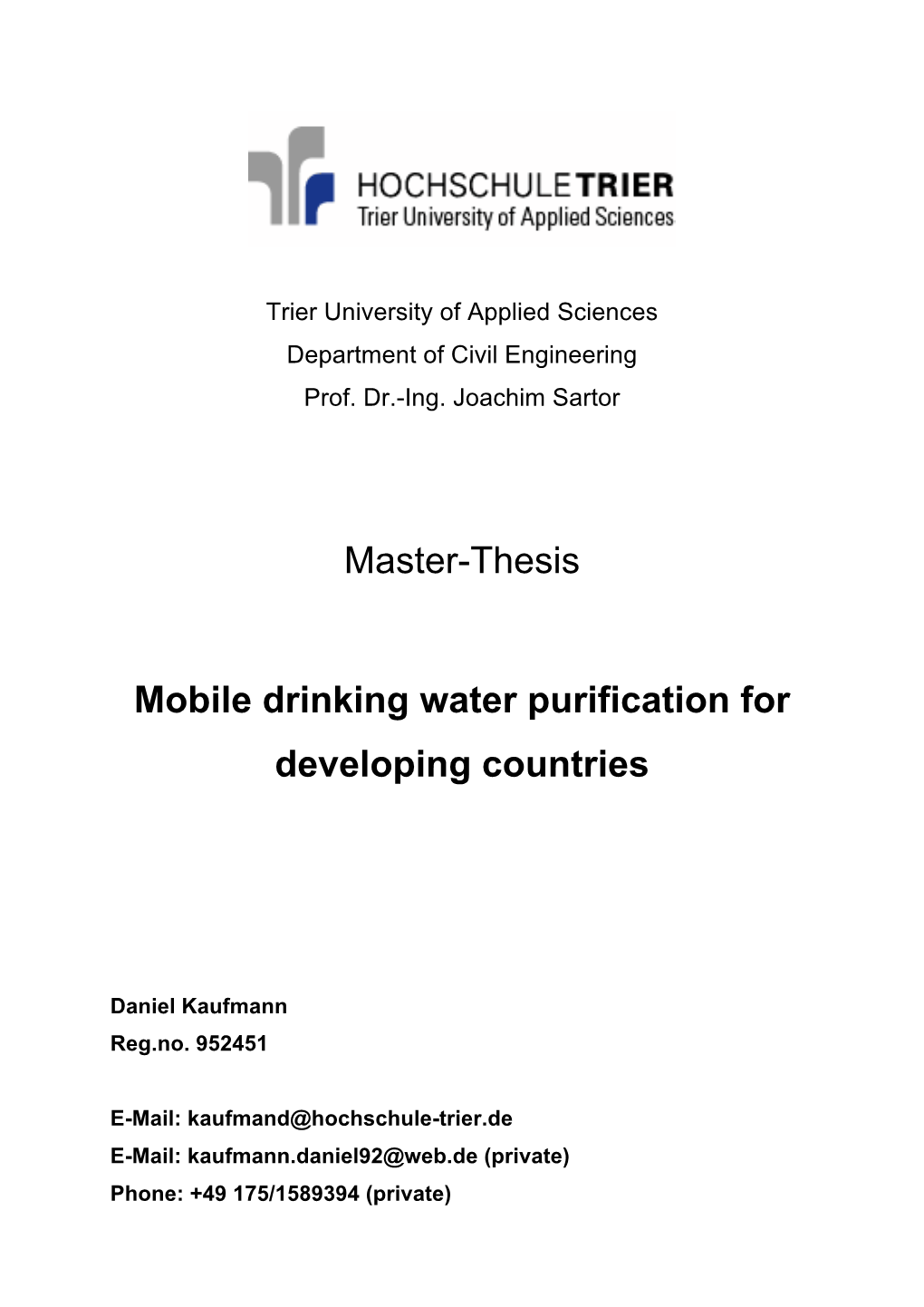 Master-Thesis Mobile Drinking Water Purification for Developing Countries