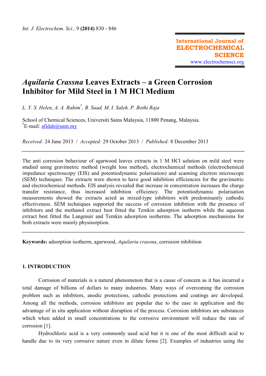 Aquilaria Crassna Leaves Extracts – a Green Corrosion Inhibitor for Mild Steel in 1 M Hcl Medium