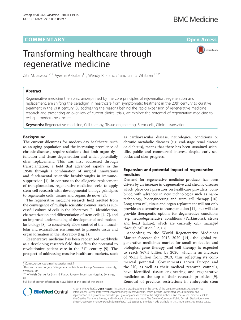 Transforming Healthcare Through Regenerative Medicine Zita M