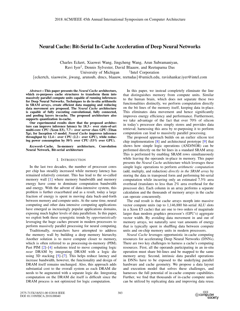 Bit-Serial In-Cache Acceleration of Deep Neural Networks